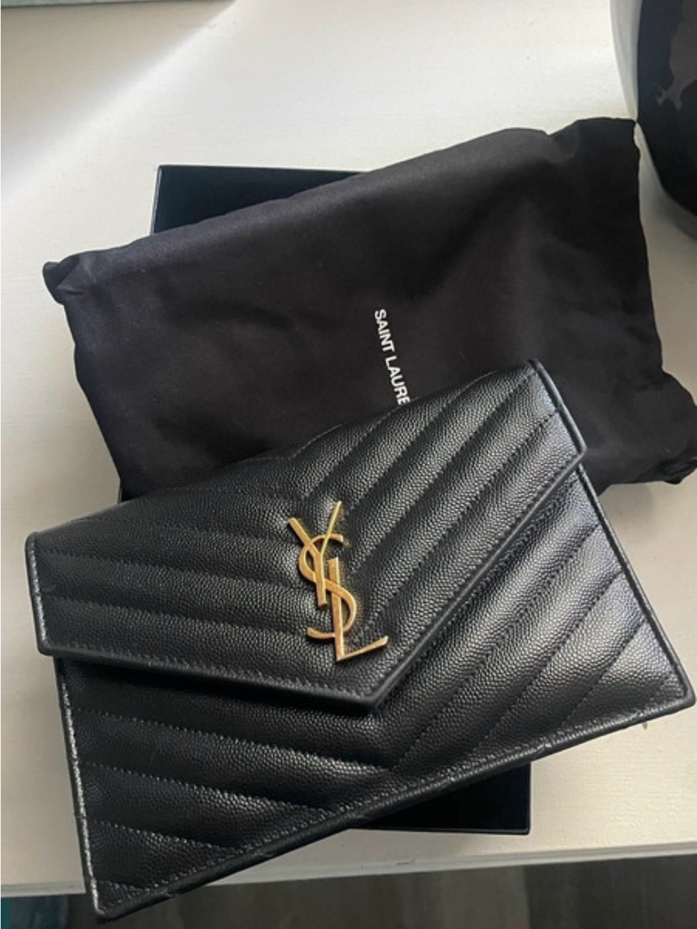 Saint Laurent Black Quilted Leather Envelope Clutch with Gold YSL Emblem